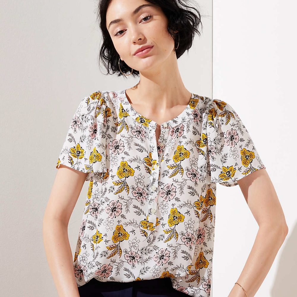LOFT Floral Flutter Henley Top - EUC - Size L